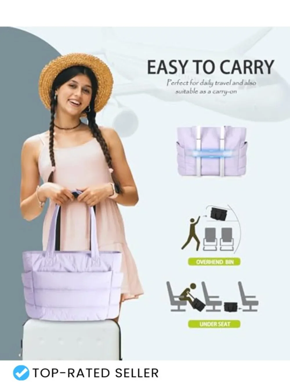 Quilted Puffy Tote Bag - Waterproof Nylon Carryall with Laptop Compartment